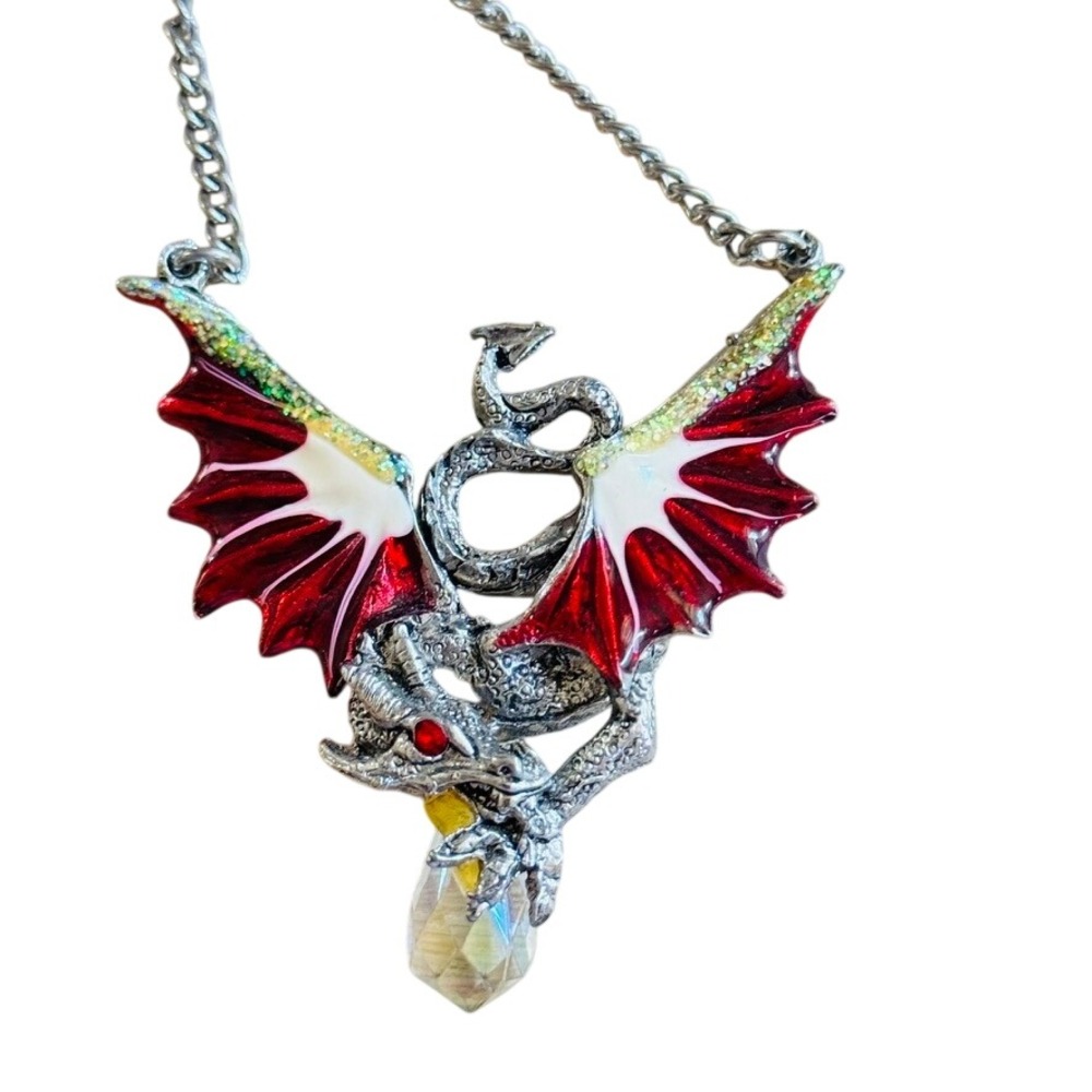 JPI‎ 2007 Dragon Crystal necklace Y2K Goth Whimsical Fantasy Pewter Enamel 22"
